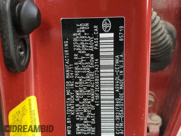 2011 Toyota Camry LE with VIN 4T1BF3EK6BU734314, listed as a Copart auction lot 60569805 with 138,782 mi miles and Salvage title. Bid and sale history available at DreamBid. Image 12.