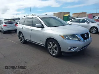 2014 Nissan Pathfinder Platinum Hybrid with VIN 5N1CR2MN2EC651300, listed as a IAAI auction lot 42417443 with 144,710 mi miles and . Bid and sale history available at DreamBid. Image 1.