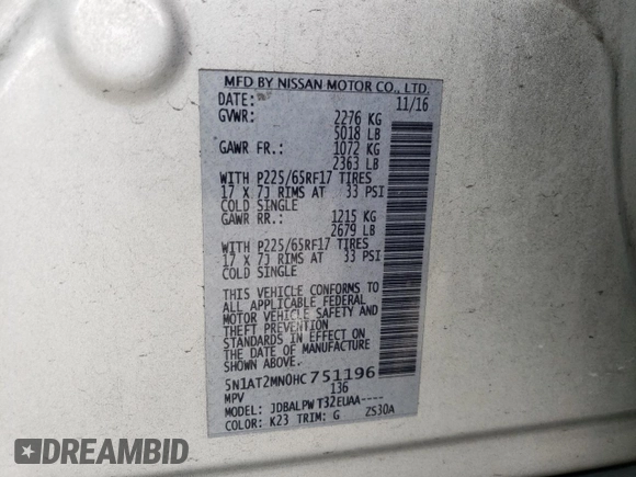 2017 Nissan Rogue SV with VIN 5N1AT2MN0HC751196, listed as a Copart auction lot 53169775 with 200,029 mi miles and Salvage Title. Bid and sale history available at carsss.com. Image 13.