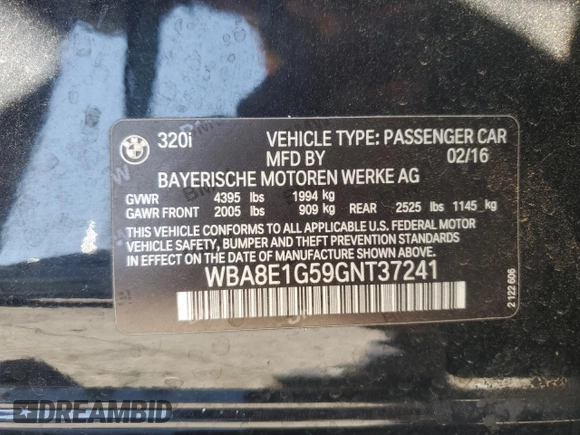 2016 BMW 3 Series 320i with VIN WBA8E1G59GNT37241, listed as a Copart auction lot 49729135 with 84,305 mi miles and Salvage Title. Bid and sale history available at DreamBid. Image 14.