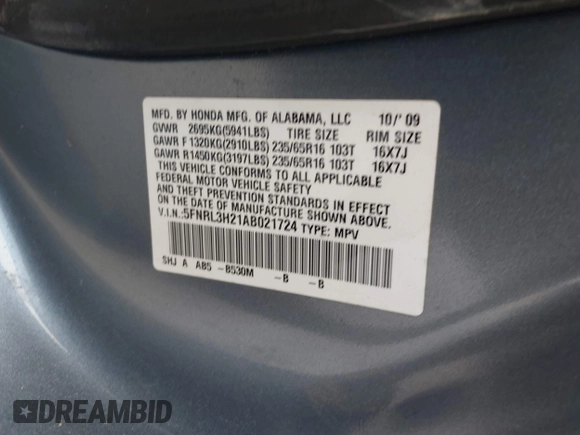 2010 Honda Odyssey LX with VIN 5FNRL3H21AB021724, listed as a IAAI auction lot 41930680 with 46,011 mi miles and . Bid and sale history available at DreamBid. Image 9.