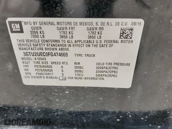 2015 GMC Sierra 1500 SLE z VIN 3GTU2UEC0FG474668, wystawiony jako Copart lot #49834955 z przebiegiem 107 272 mil mil oraz Szkoda całkowita • Salvage title. Historia ofert i sprzedaży dostępna na DreamBid. Obrazek 12.
