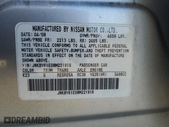 2008 Infiniti G35 with VIN JNKBV61E08M221916, listed as a Copart auction lot 79521034 with Not Provided miles and Salvage Title. Bid and sale history available at DreamBid. Image 15.