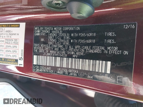 2017 Lexus GX with VIN JTJBM7FX1H5164038, listed as a IAAI auction lot 41819765 with 157,266 mi miles. Bid and sale history available at carsss.com. Image 9.