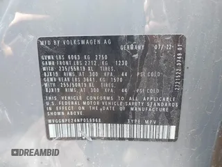 2022 Volkswagen ID.4 Pro S z VIN WVGGNPE24NP059968, wystawiony jako IAAI lot #42210089 z przebiegiem 36 860 mil mil oraz . Historia ofert i sprzedaży dostępna na DreamBid. Obrazek 9.