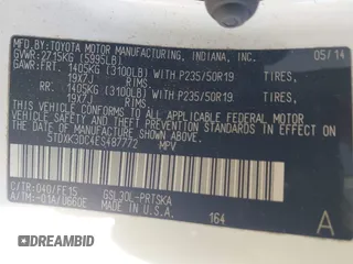 2014 Toyota Sienna SE with VIN 5TDXK3DC4ES487772, listed as a IAAI auction lot 41218295 with 153,368 mi miles and . Bid and sale history available at DreamBid. Image 9.