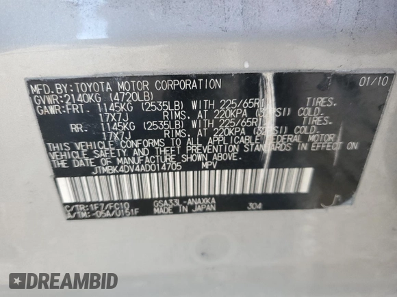 2010 Toyota RAV4 with VIN JTMBK4DV4AD014705, listed as a Copart auction lot 51756775 with 163,504 mi miles and Salvage Title. Bid and sale history available at carsss.com. Image 13.
