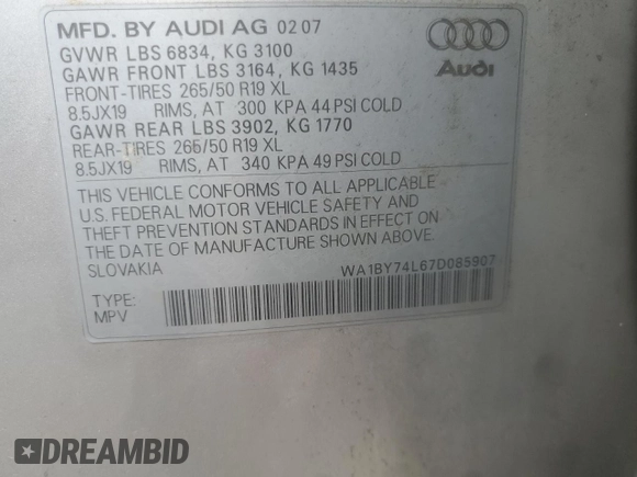 2007 Audi Q7 Premium with VIN WA1BY74L67D085907, listed as a Copart auction lot 59159385 with 181,303 mi miles and Salvage title. Bid and sale history available at DreamBid. Image 13.