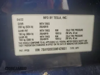2022 Tesla Model Y Long Range z VIN 7SAYGDEE6NF429651, wystawiony jako Copart lot #57172355 z przebiegiem 19 499 mil mil oraz Szkoda całkowita • Salvage title. Historia ofert i sprzedaży dostępna na DreamBid. Obrazek 14.