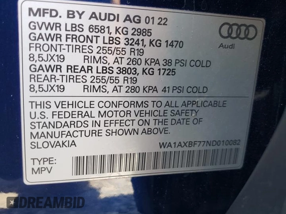 2022 Audi Q7 Premium z VIN WA1AXBF77ND010082, wystawiony jako Copart lot #61583385 z przebiegiem 14 421 mil mil oraz Szkoda całkowita • Salvage title. Historia ofert i sprzedaży dostępna na DreamBid. Obrazek 13.