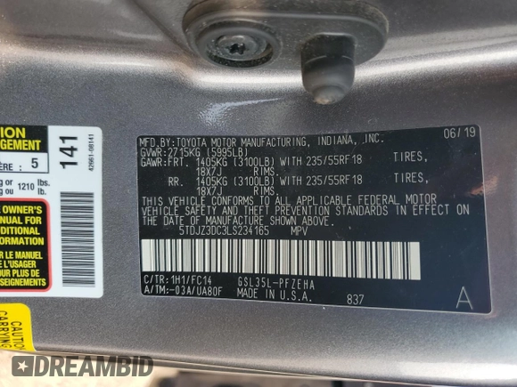 2020 Toyota Sienna LE z VIN 5TDJZ3DC3LS234165, wystawiony jako Copart lot #62364964 z przebiegiem 56 946 mil mil oraz Szkoda całkowita • Salvage title. Historia ofert i sprzedaży dostępna na DreamBid. Obrazek 14.