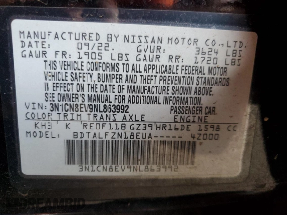 2022 Nissan Versa SV with VIN 3N1CN8EV9NL863992, listed as a Copart auction lot 54508515 with 33,362 mi miles and Non repairable. Bid and sale history available at DreamBid. Image 12.