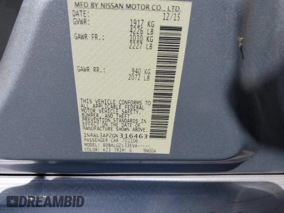 2016 Nissan Altima S z VIN 1N4AL3AP2GN316463, wystawiony jako IAAI lot #42339307 z przebiegiem 101 857 mil mil oraz . Historia ofert i sprzedaży dostępna na DreamBid. Obrazek 9.