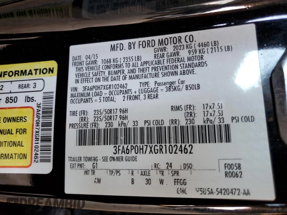 2016 Ford Fusion SE with VIN 3FA6P0H7XGR102462, listed as a Copart auction lot 59340665 with 162,076 mi miles and Salvage title. Bid and sale history available at DreamBid. Image 12.