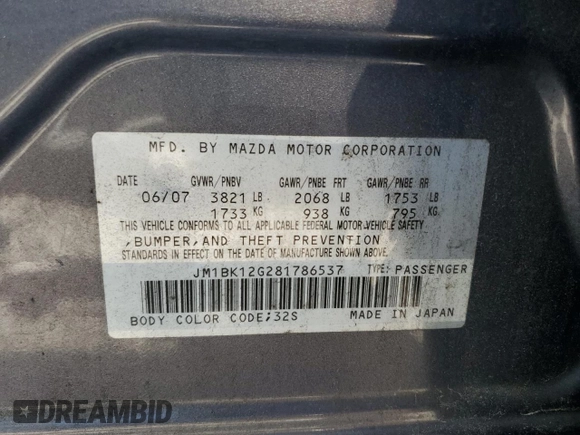 2008 Mazda 3 i Touring with VIN JM1BK12G281786537, listed as a Copart auction lot 54690725 with 162,987 mi miles and Clean Title. Bid and sale history available at carsss.com. Image 12.