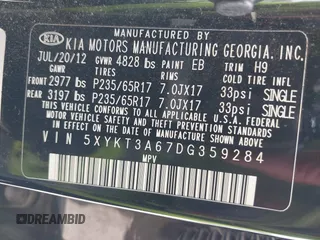 2013 Kia Sorento LX with VIN 5XYKT3A67DG359284, listed as a IAAI auction lot 42644742 with 258,998 mi miles and . Bid and sale history available at DreamBid. Image 9.