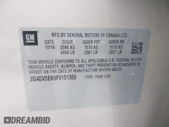 2015 Buick Regal with VIN 2G4GV5EK9F9151369, listed as a IAAI auction lot 42192275 with 88,587 mi miles and . Bid and sale history available at DreamBid. Image 9.