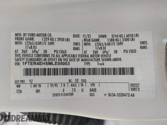 2021 Ford Ranger XL z VIN 1FTER4EH5MLE05003, wystawiony jako IAAI lot #42649042 z przebiegiem 62 571 mil mil oraz . Historia ofert i sprzedaży dostępna na DreamBid. Obrazek 9.