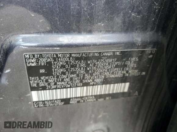 2013 Toyota RAV4 XLE with VIN 2T3RFREV7DW122189, listed as a Copart auction lot 57348125 with 142,662 mi miles and Salvage title. Bid and sale history available at DreamBid. Image 14.