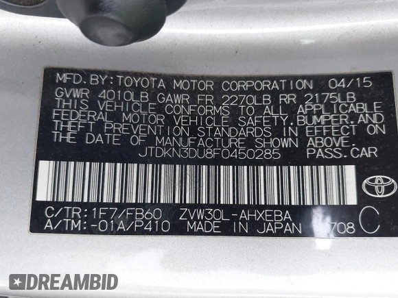 2015 Toyota Prius Four with VIN JTDKN3DU8F0450285, listed as a IAAI auction lot 41932739 with 213,675 mi miles. Bid and sale history available at carsss.com. Image 9.