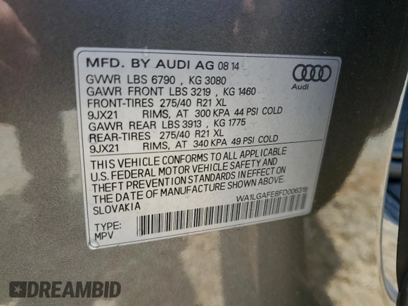 2015 Audi Q7 Premium Plus with VIN WA1LGAFE8FD006318, listed as a Copart auction lot 59210825 with 91,891 mi miles and Salvage title. Bid and sale history available at DreamBid. Image 13.