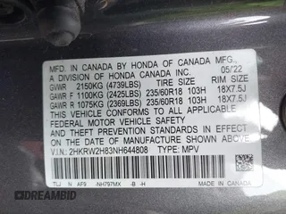 2022 Honda CR-V EX-L with VIN 2HKRW2H83NH644808, listed as a IAAI auction lot 42074974 with 27,795 mi miles and . Bid and sale history available at DreamBid. Image 9.