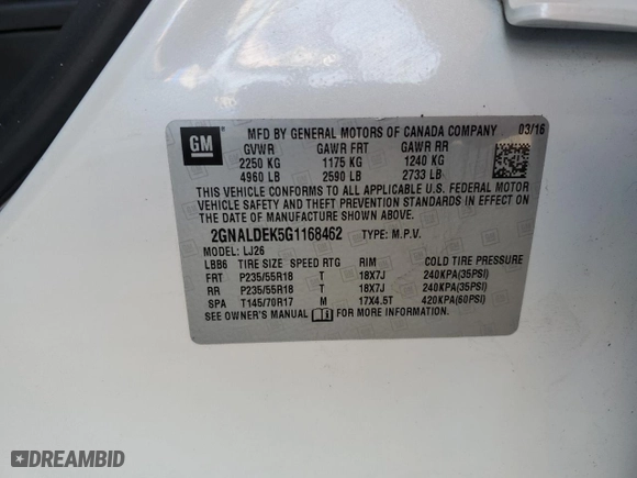 2016 Chevrolet Equinox LTZ with VIN 2GNALDEK5G1168462, listed as a Copart auction lot 60961544 with 114,284 mi miles and Salvage Title. Bid and sale history available at carsss.com. Image 15.