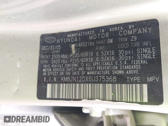 2006 Hyundai Tucson GLS with VIN KM8JN12DX6U375368, listed as a IAAI auction lot 42068764 with 136,352 mi miles. Bid and sale history available at carsss.com. Image 9.