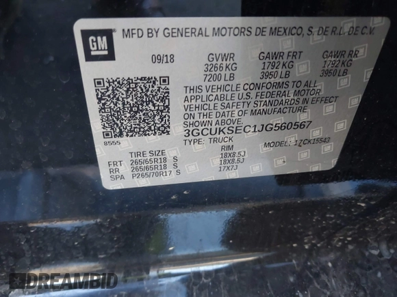 2018 Chevrolet Silverado 1500 LTZ with VIN 3GCUKSEC1JG560567, listed as a IAAI auction lot 41664625 with Not Provided miles and . Bid and sale history available at DreamBid. Image 9.