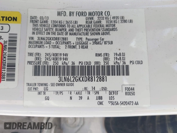 2013 Lincoln MKZ с VIN 3LN6L2GKXDR812881, выставлен на аукционе IAAI как лот 42243134 с пробегом 79 595 миль миль и . История ставок и продаж доступна на DreamBid. Изображение 9.