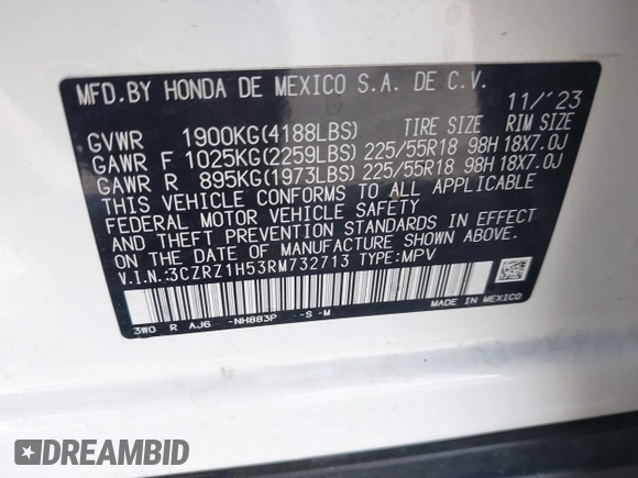 2024 Honda HR-V Sport with VIN 3CZRZ1H53RM732713, listed as a IAAI auction lot 42290527 with 10,332 mi miles and . Bid and sale history available at DreamBid. Image 9.