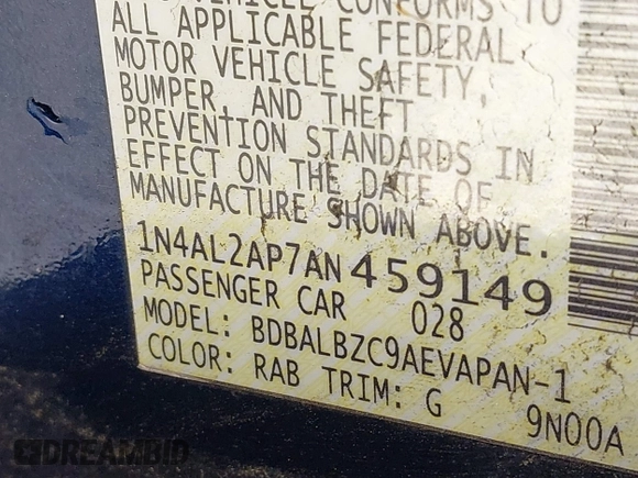 2010 Nissan Altima S with VIN 1N4AL2AP7AN459149, listed as a IAAI auction lot 41459692 with 171,521 mi miles and . Bid and sale history available at DreamBid. Image 9.
