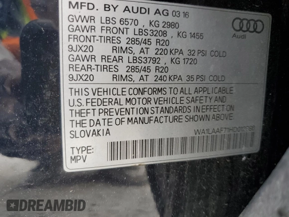 2017 Audi Q7 Premium Plus with VIN WA1LAAF71HD012886, listed as a Copart auction lot 51762015 with 123,485 mi miles and Salvage Title. Bid and sale history available at DreamBid. Image 13.