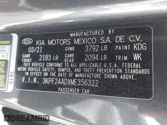 2021 Kia Forte LXS z VIN 3KPF24ADXME356322, wystawiony jako IAAI lot #42237624 z przebiegiem 52 609 mil mil oraz . Historia ofert i sprzedaży dostępna na DreamBid. Obrazek 9.