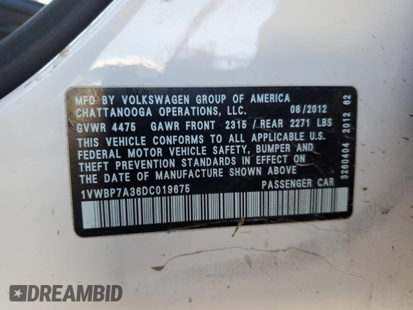 2013 Volkswagen Passat SE w/Sunroof & Nav with VIN 1VWBP7A36DC019675, listed as a Copart auction lot 48245495 with 126,887 mi miles and Salvage Title. Bid and sale history available at carsss.com. Image 14.