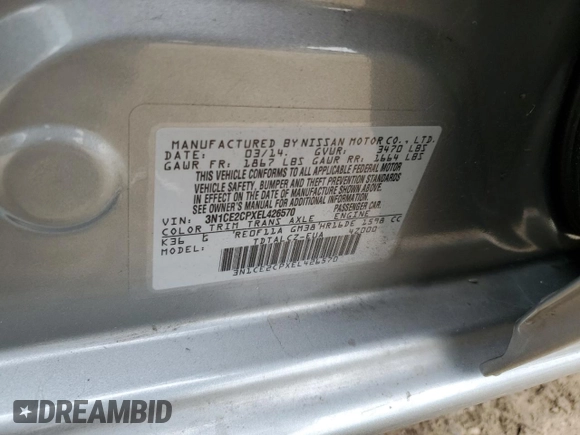 2014 Nissan Note S z VIN 3N1CE2CPXEL426570, wystawiony jako Copart lot #53001065 z przebiegiem 63 379 mil mil oraz Szkoda całkowita • Salvage title. Historia ofert i sprzedaży dostępna na DreamBid. Obrazek 13.