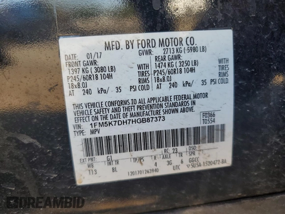 2017 Ford Explorer XLT с VIN 1FM5K7DH7HGB87373, выставлен на аукционе Copart как лот 56392475 с пробегом 113 919 миль миль и Чистый • Clean title. История ставок и продаж доступна на DreamBid. Изображение 13.