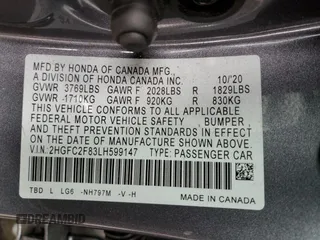 2020 Honda Civic Sedan Sport with VIN 2HGFC2F83LH599147, listed as a Copart auction lot 50555115 with 70,181 mi miles and Salvage Title. Bid and sale history available at carsss.com. Image 12.