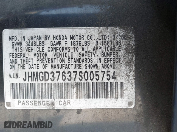 2007 Honda Fit Sport with VIN JHMGD37637S005754, listed as a IAAI auction lot 42663714 with 239,000 mi miles and . Bid and sale history available at DreamBid. Image 9.