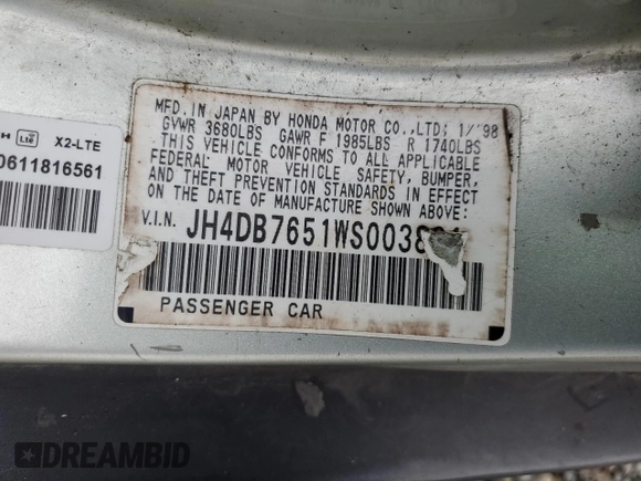 1998 Acura Integra LS with VIN JH4DB7651WS003881, listed as a Copart auction lot 87639025 with 156,999 mi miles and Salvage title. Bid and sale history available at DreamBid. Image 13.