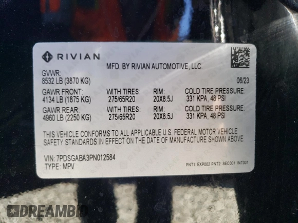2023 Rivian R1S Adventure with VIN 7PDSGABA3PN012584, listed as a Copart auction lot 47557575 with 8,633 mi miles and Salvage Title. Bid and sale history available at carsss.com. Image 13.