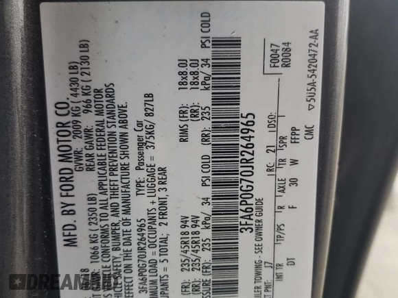 2018 Ford Fusion S z VIN 3FA6P0G70JR264965, wystawiony jako Copart lot #85553684 z przebiegiem 235 205 mil mil oraz Szkoda całkowita • Salvage title. Historia ofert i sprzedaży dostępna na DreamBid. Obrazek 14.