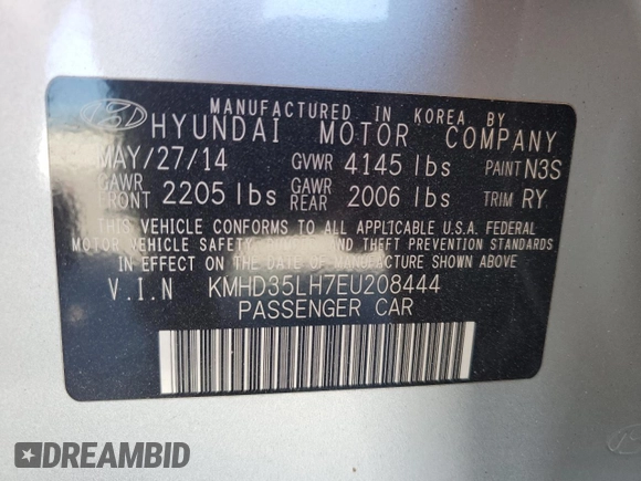2014 Hyundai Elantra with VIN KMHD35LH7EU208444, listed as a Copart auction lot 75526234 with 60,530 mi miles and Salvage Title. Bid and sale history available at DreamBid. Image 12.