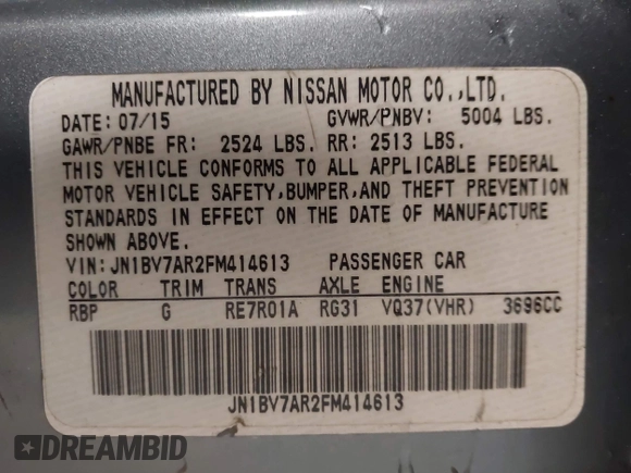 2015 Infiniti Q50 Premium with VIN JN1BV7AR2FM414613, listed as a IAAI auction lot 41258797 with 162,822 mi miles. Bid and sale history available at carsss.com. Image 9.