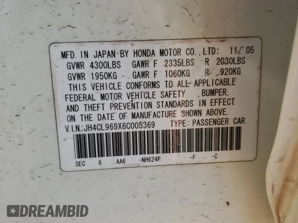 2006 Acura TSX Navi with VIN JH4CL969X6C005369, listed as a Copart auction lot 46983135 with 271,643 mi miles and Salvage title. Bid and sale history available at DreamBid. Image 14.