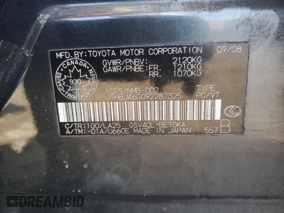 2009 Lexus ES 330 with VIN JTHBJ46G092287325, listed as a Copart auction lot 46829375 with 164,985 mi miles and Salvage Title. Bid and sale history available at DreamBid. Image 12.