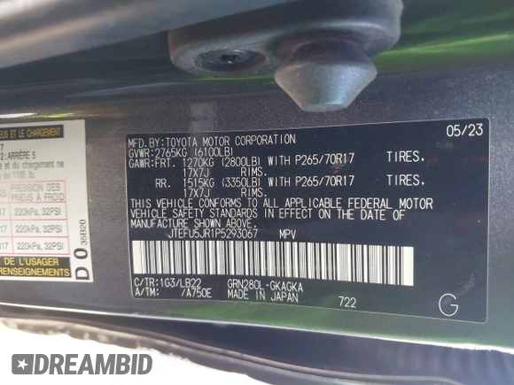 2023 Toyota 4Runner SR5 Premium with VIN JTEFU5JR1P5293067, listed as a IAAI auction lot 41319759 with 10,408 mi miles and . Bid and sale history available at DreamBid. Image 9.