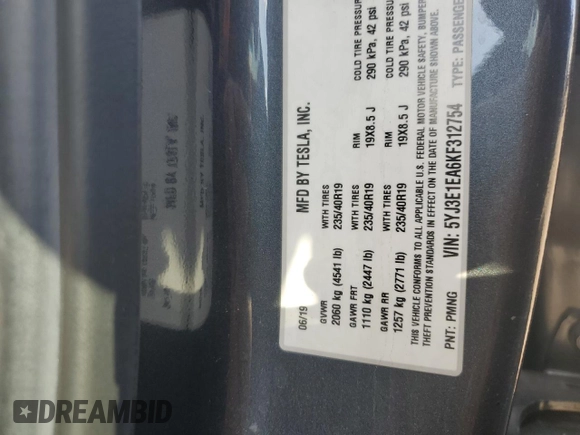 2019 Tesla Model 3 Mid Range with VIN 5YJ3E1EA6KF312754, listed as a Copart auction lot 50403855 with 148,217 mi miles and Salvage Title. Bid and sale history available at carsss.com. Image 12.
