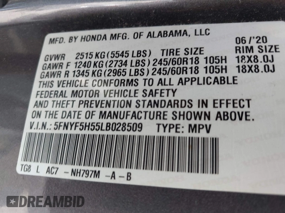2020 Honda Pilot EX-L z VIN 5FNYF5H55LB028509, wystawiony jako IAAI lot #41945843 z przebiegiem Nie podano mil oraz . Historia ofert i sprzedaży dostępna na DreamBid. Obrazek 9.