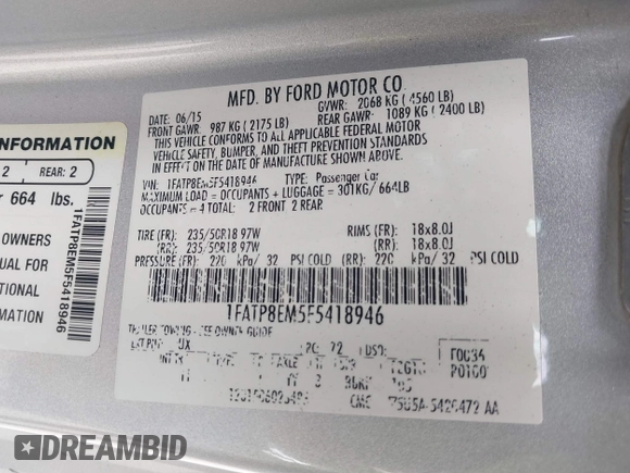 2015 Ford Mustang V6 with VIN 1FATP8EM5F5418946, listed as a IAAI auction lot 42375040 with 127,968 mi miles and . Bid and sale history available at DreamBid. Image 9.